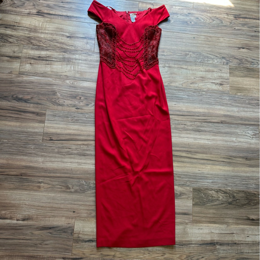 Alyce Designs RED Dress Vintage Size 10 Maxi Off The Shoulder Beaded Corset